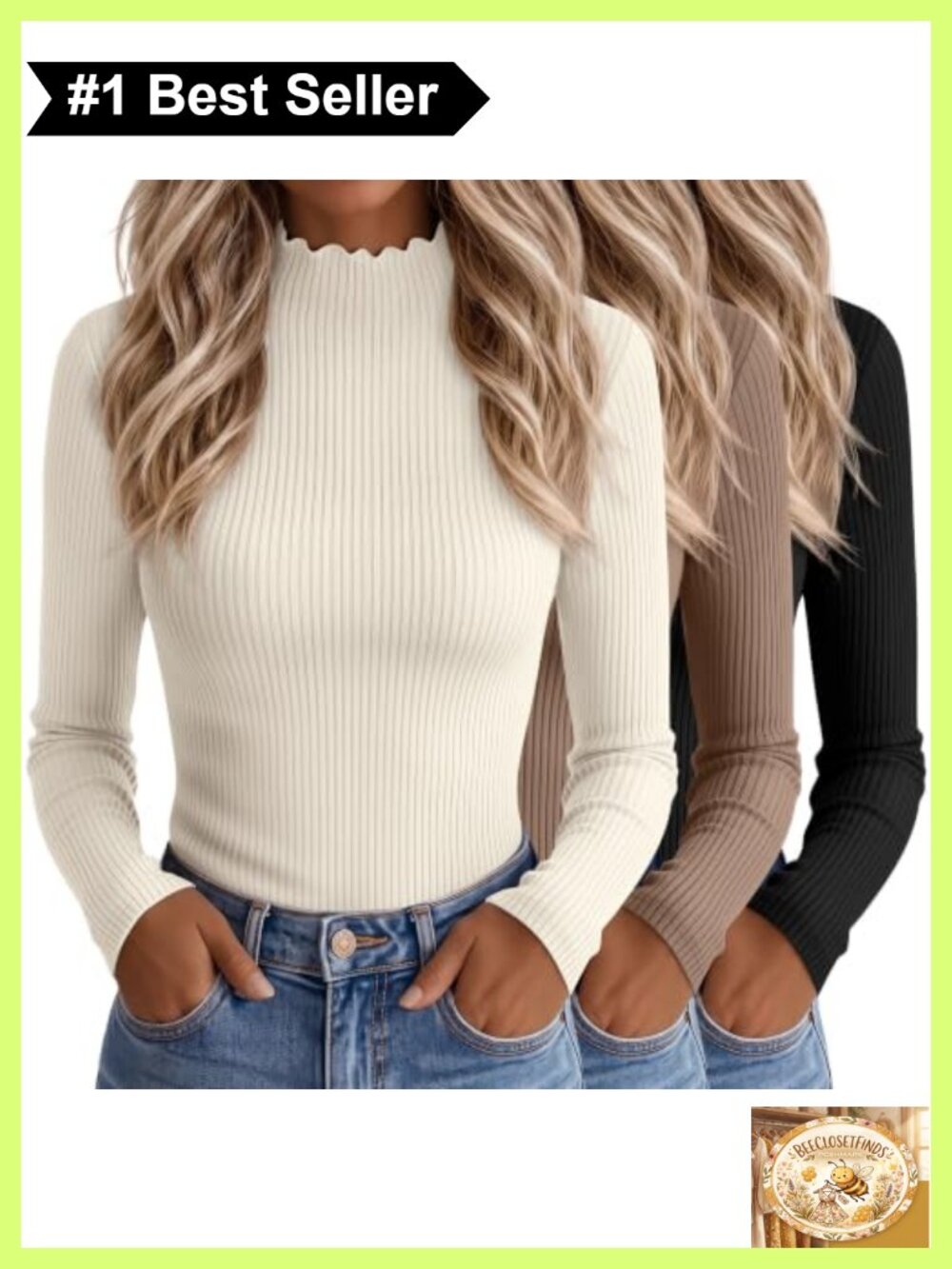 Cotton Mockneck Ribbed Long Sleeve Tops Lettuce Trim Layering 3 Pack